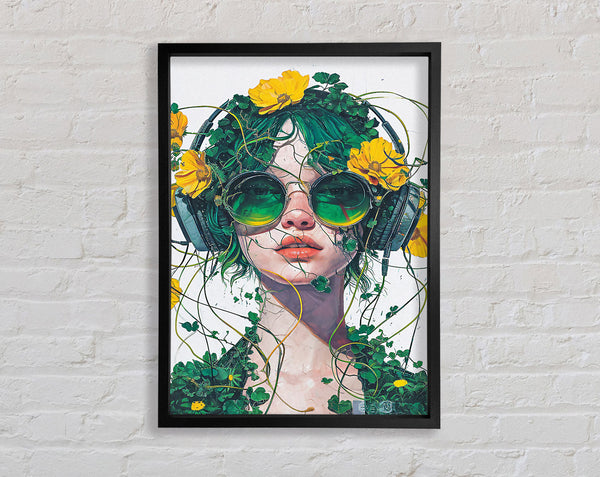 Foilage Woman Headphones Framed Print