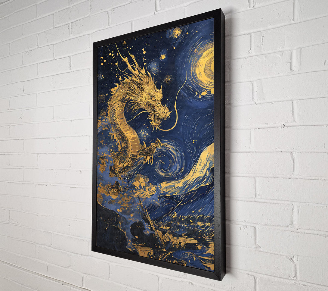  A Canvas Print of Golden Dragon Night Sky Canvas Wall Art