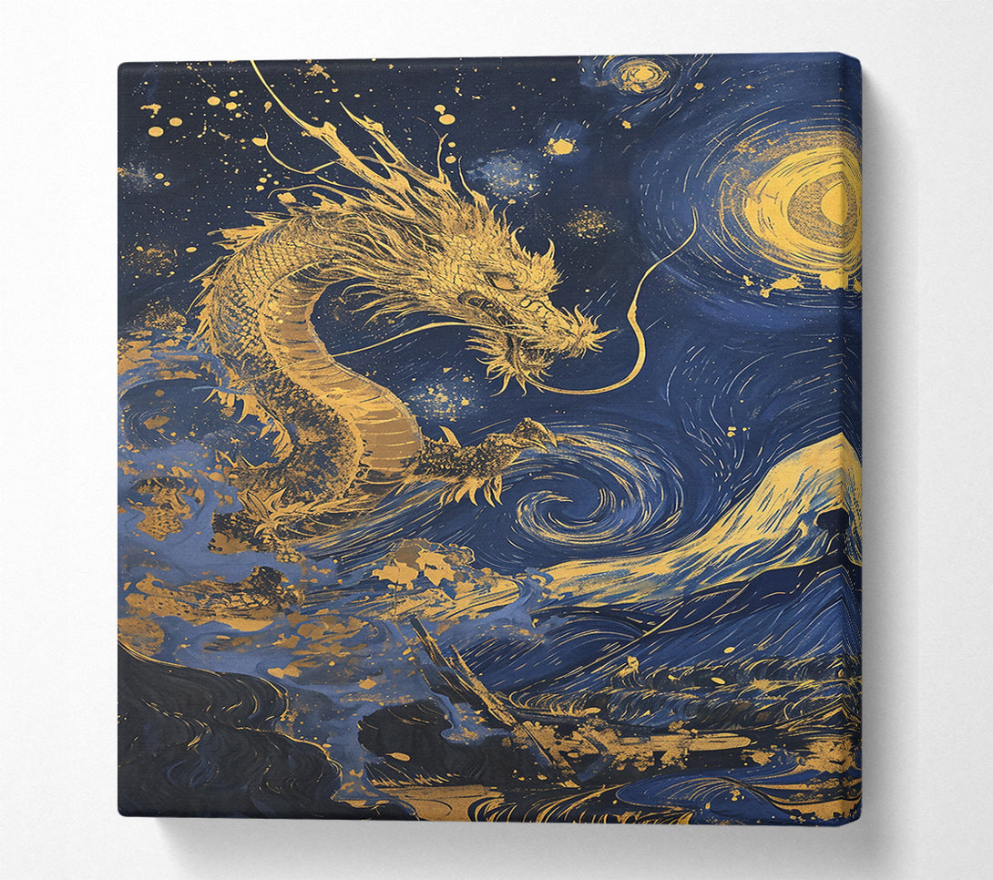  A Canvas Print of Golden Dragon Night Sky Canvas Wall Art
