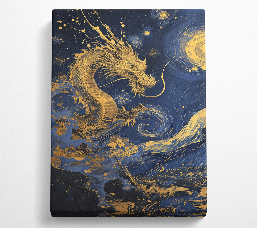  A Canvas Print of Golden Dragon Night Sky Canvas Wall Art