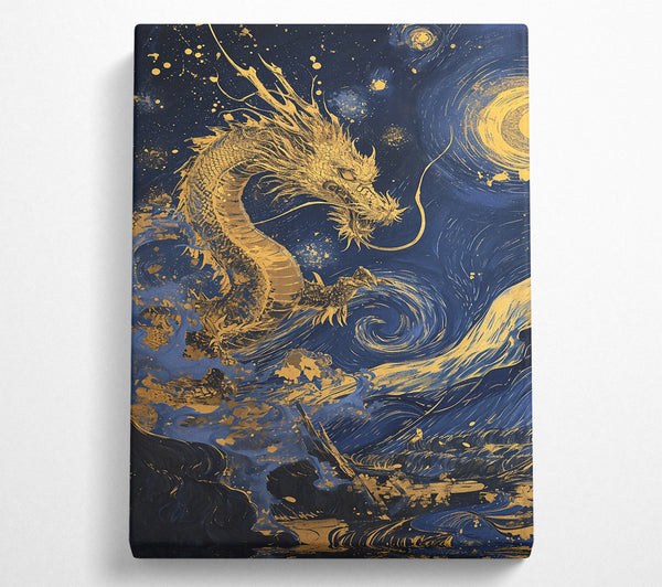  A Canvas Print of Golden Dragon Night Sky Canvas Wall Art