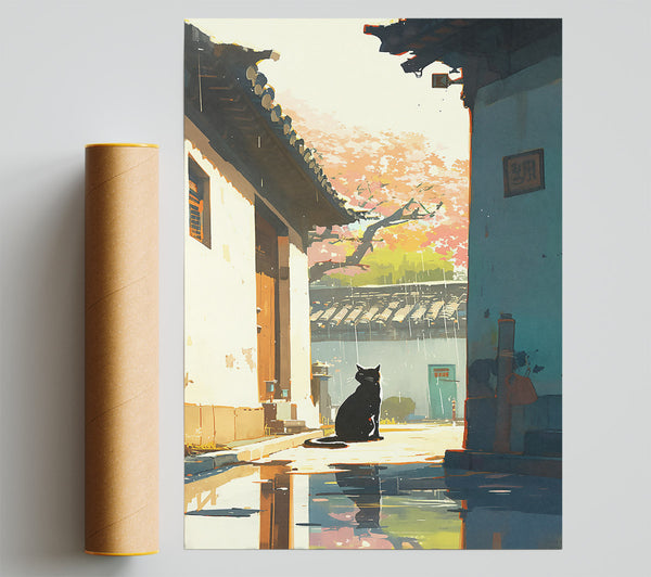 Yellow Cat In The Rain Giclee Print