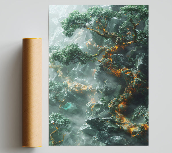 Emerald Cliffside Bloom Poster