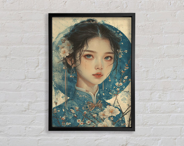 Geisha Woman Blue Framed Print
