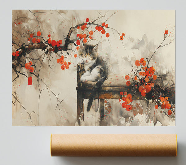 Sleeping Kitten And Red Berries Print