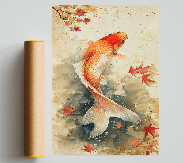 Orange Koi In Fall Poster