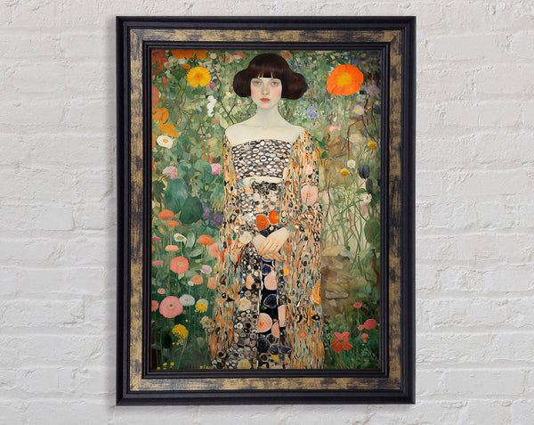 Girl In Blooming Garden Klimt Style Framed Print