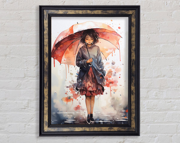 Girl Umbrella Rain Framed Print