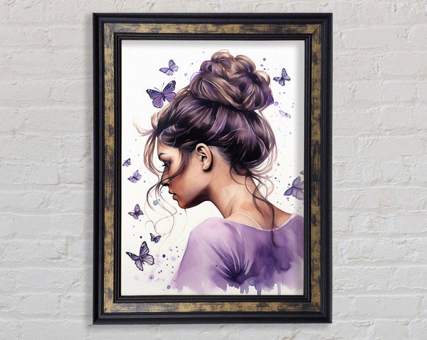 Girl With Bun Lilac Butterflies Framed Print