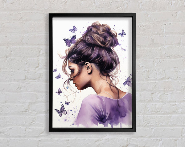 Girl With Bun Lilac Butterflies Framed Print