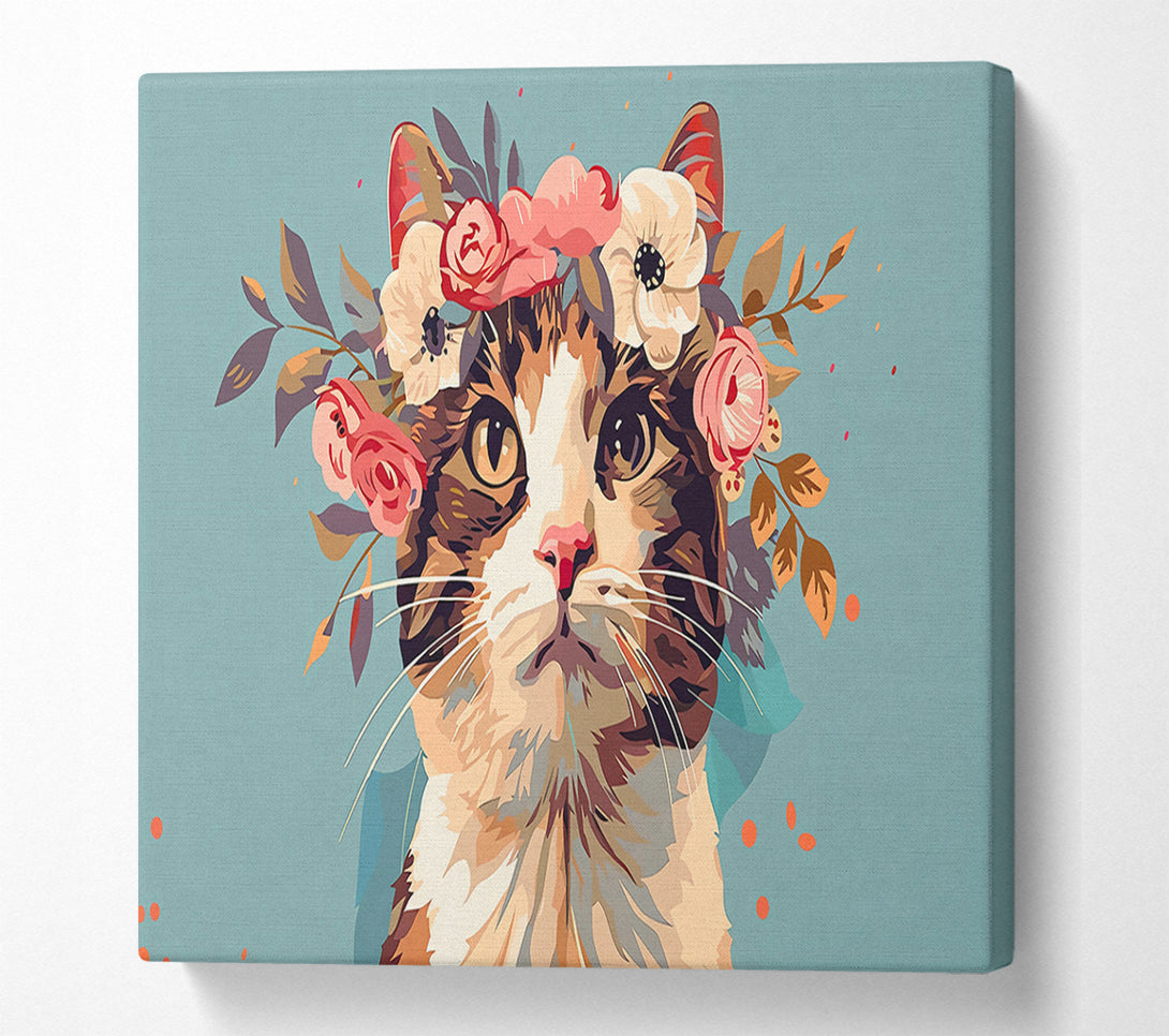  A Canvas Print of Floral Feline In Teal Canvas Wall Art