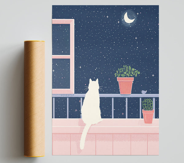 Pink Night Sky Cat Print