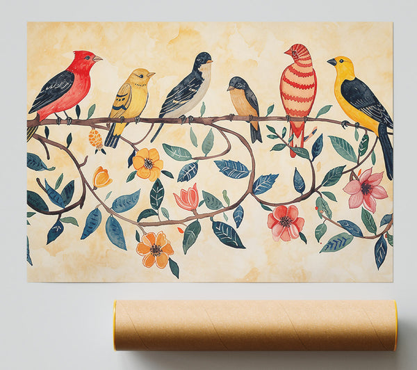 Yellow Birds On Branch Poster