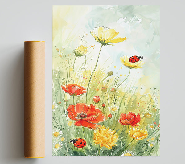 Red Blooms In Yellow Light Print