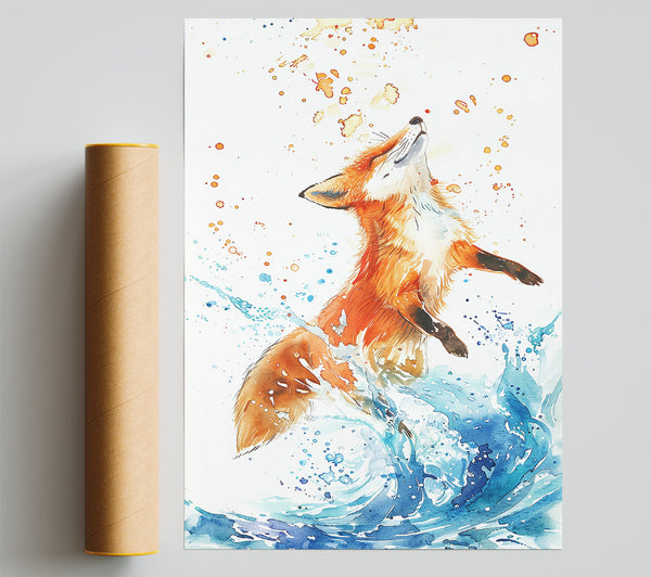 Orange Fox Splashing Blue Giclee Print