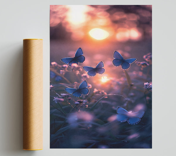 Blue Butterflies At Dusk Poster