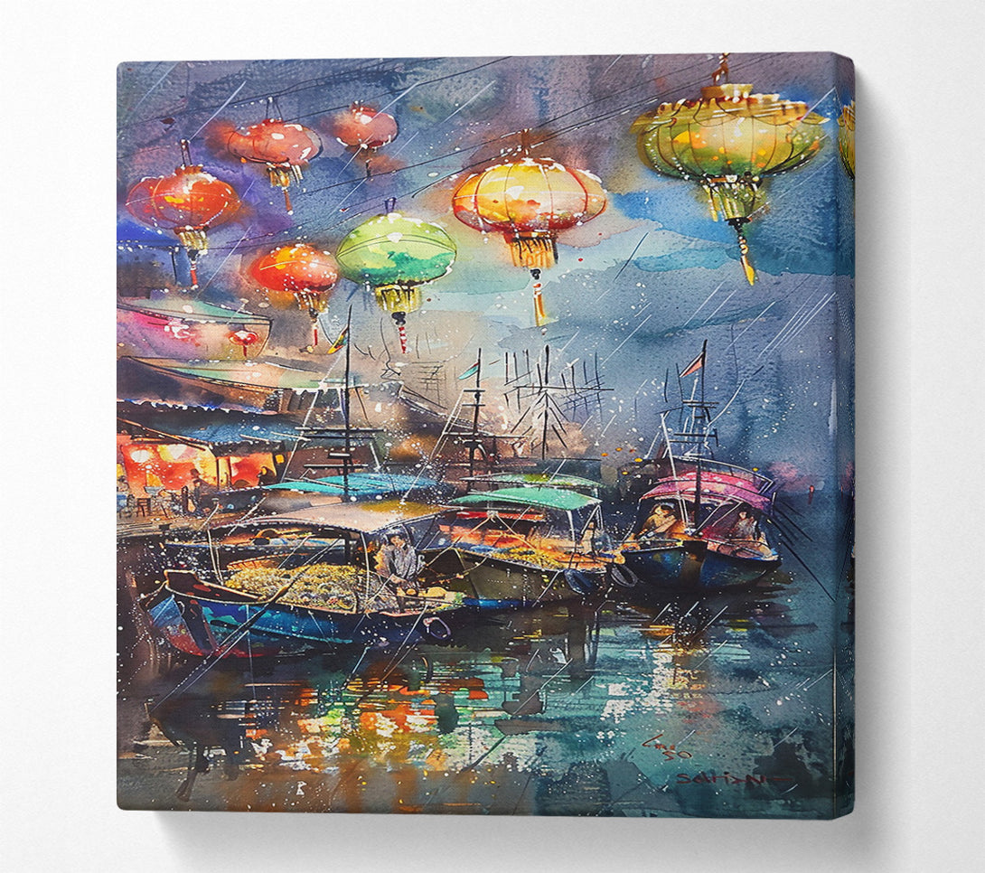  A Canvas Print of Blue Boats, Golden Lights Canvas Wall Art