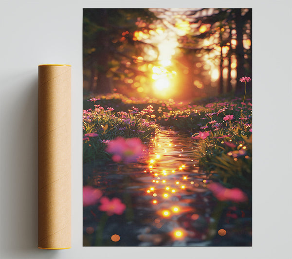 Golden Stream Through Flowers Poster