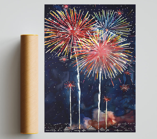 Red Fireworks Night Sky Print