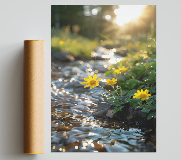 Golden Streamside Blooms Poster