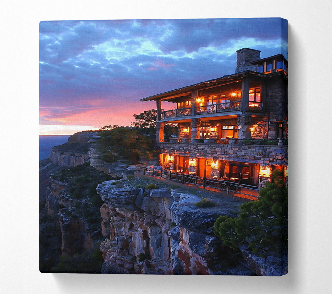  A Canvas Print of Blue Sky Cliffside Cabin Canvas Wall Art