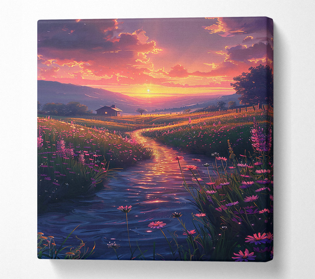  A Canvas Print of Orange Sunset Stream Canvas Art