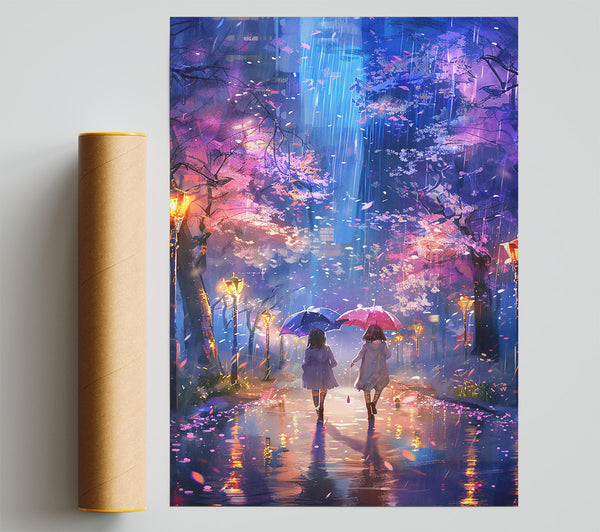 Blue Rain Under Sakura Trees. Print