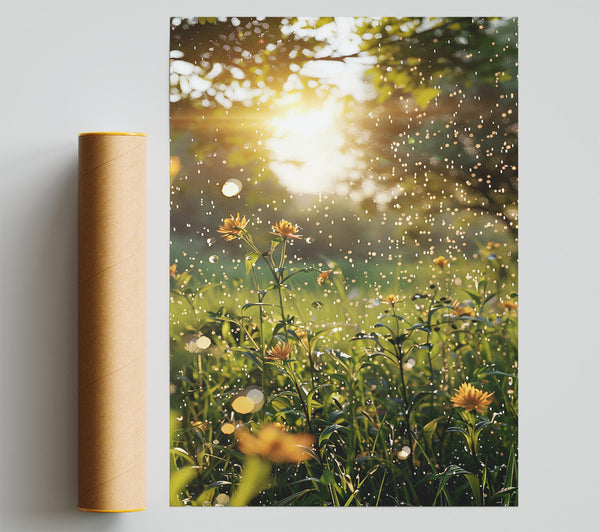 Golden Raindrops Glow Poster