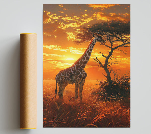 Golden Giraffe Sunset Print