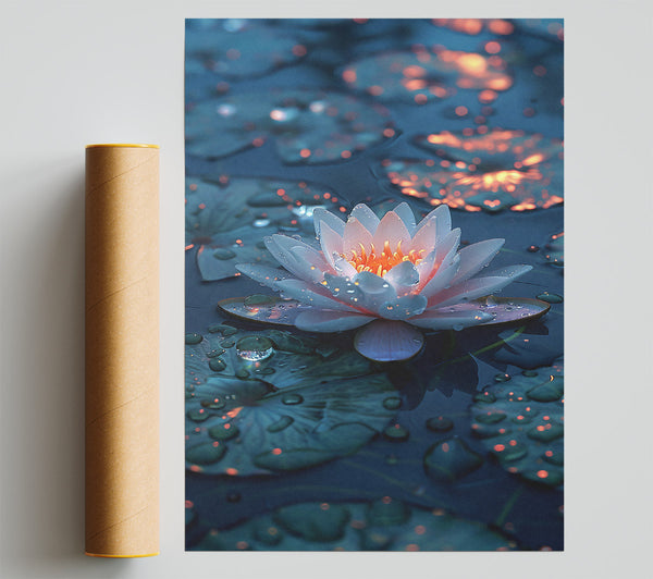 Blue Water Lily Glow Poster