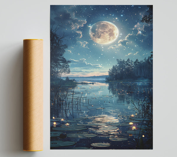 Azure Moonlit Lake Print