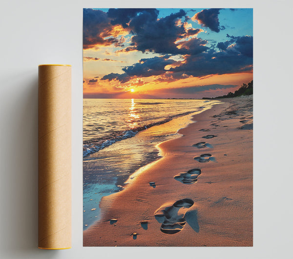 Golden Footprints At Sunset Poster