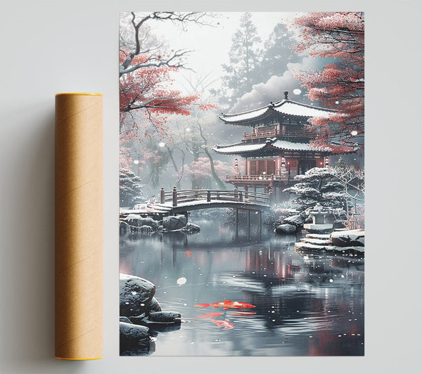 Red Koi In Winter Snow Poster