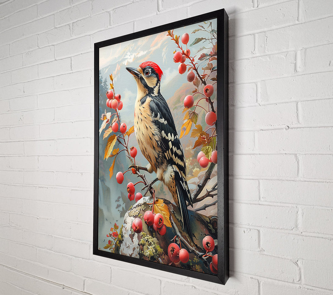  A Canvas Print of Red Berries & Woodpecker Canvas Wall Art
