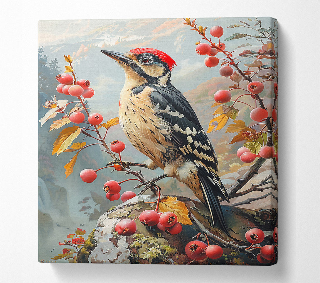  A Canvas Print of Red Berries & Woodpecker Canvas Wall Art