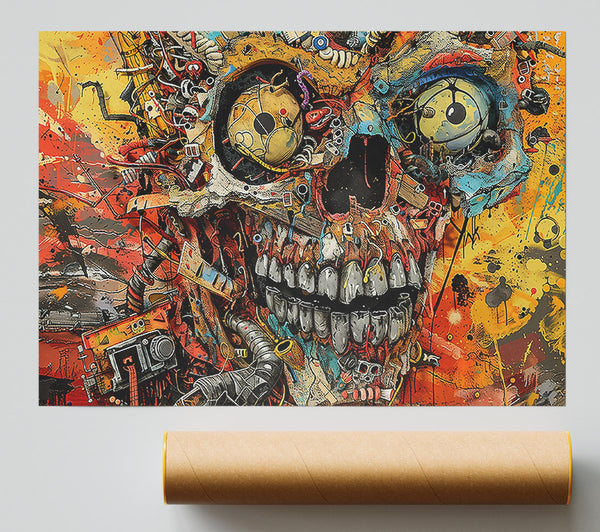 Orange Mechanical Skull Poster