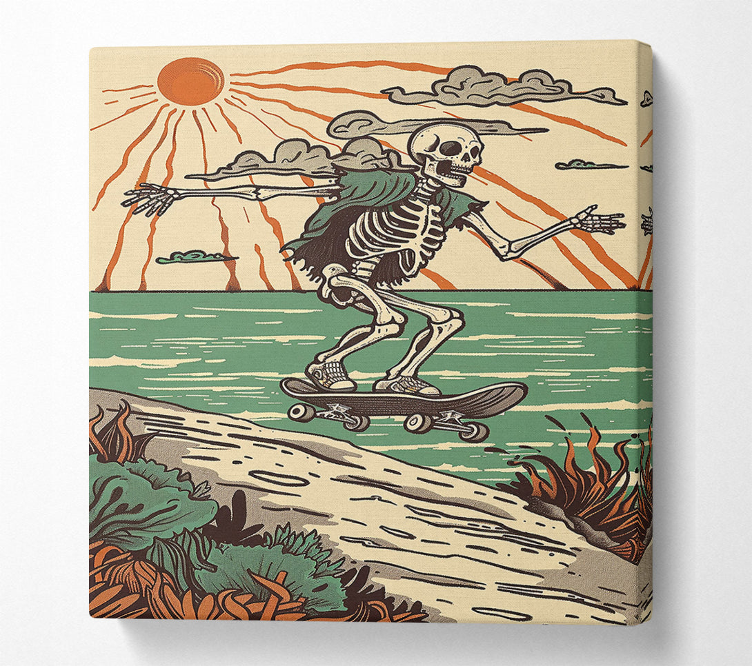  A Canvas Print of Green Ocean Sunset Skateboarder Canvas Print
