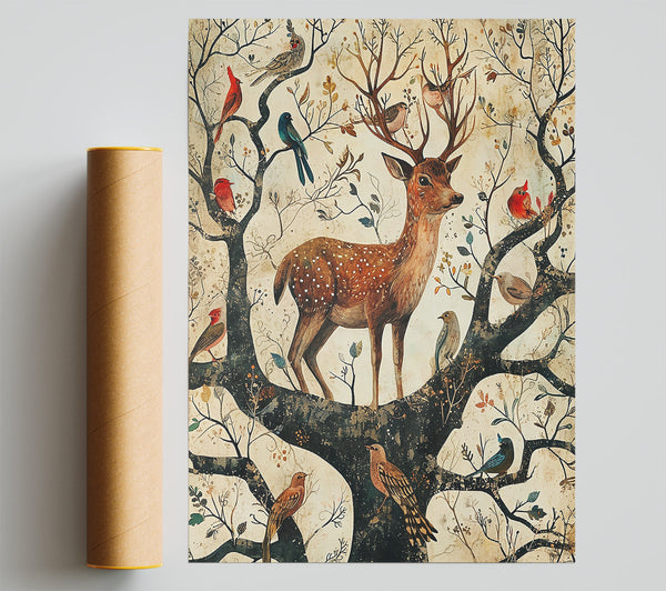 Golden Deer In Bloom. Giclee Print