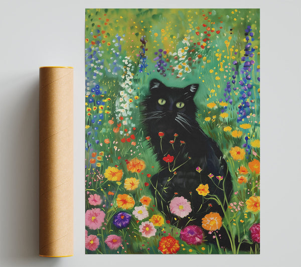 Black Cat In Green Fields Poster