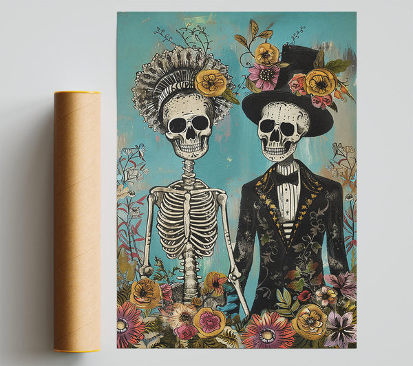 Teal Floral Skeletons Poster