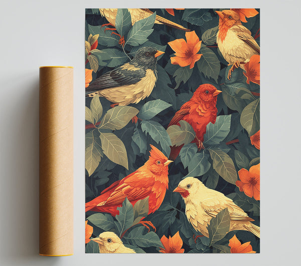 Orange Birds In Bloom Print