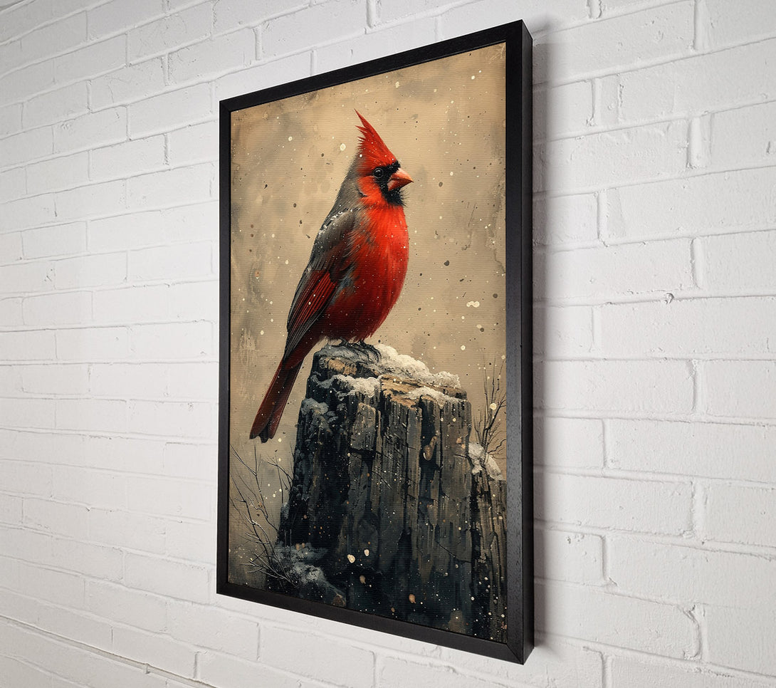  A Canvas Print of Crimson Cardinal On Stump. Canvas Art