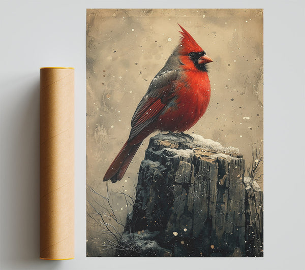 Crimson Cardinal On Stump. Giclee Print