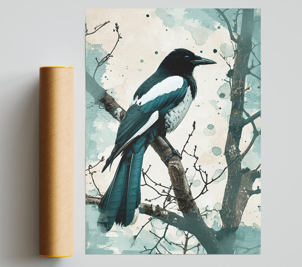 Teal Magpie In Bloom Print