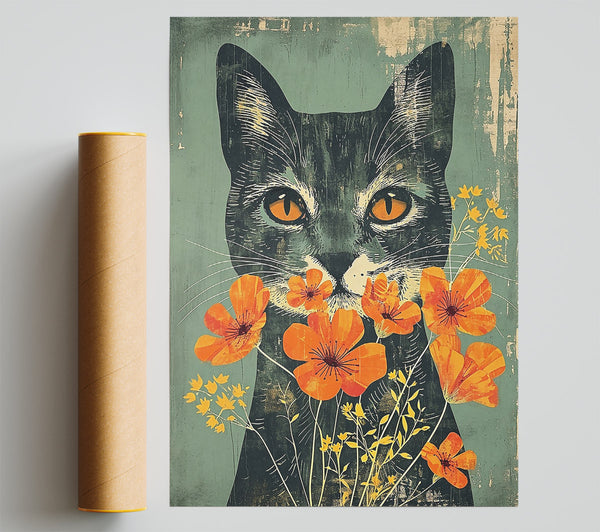 Orange Cat In Bloom Giclee Print