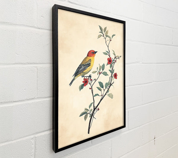 Yellow Bird On Red Bloom