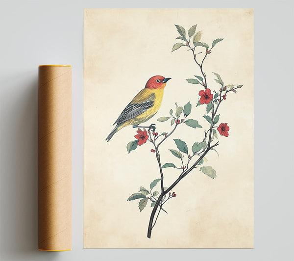 Yellow Bird On Red Bloom Giclee Print