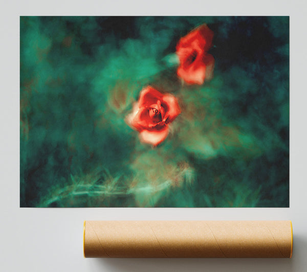 Red Roses In Teal Mist Print