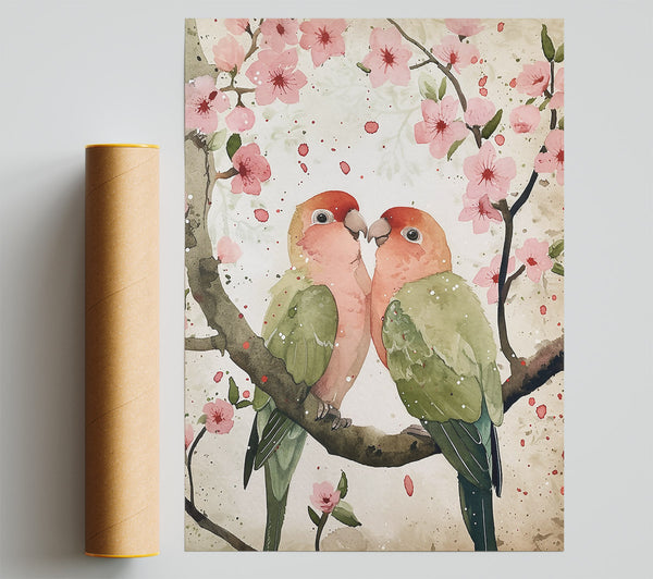 Pink Lovebirds In Bloom Giclee Print
