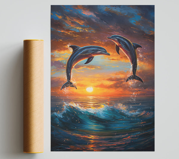 Orange Dolphin Sunset Giclee Print
